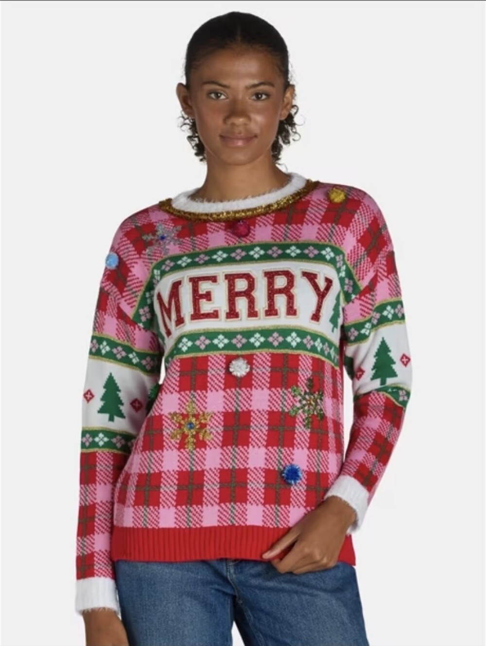 Holiday Time Women's Embellished Sparkly Ugly Merry Christmas Sweater XS